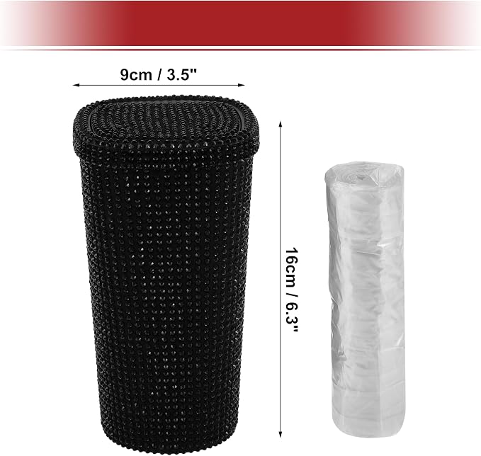 ACROPIX Car Trash Can Trash Bin Rhinestones Portable 3.5" Length 3.5" Width 6.3" Height Black Rhinestone Plastic