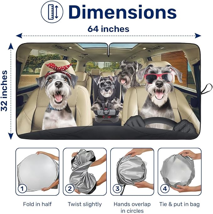 GENANY Cute Schnauzer Dog Family Funny Windshield Sun Shade for Car SUV Truck (64x32 Inches), Automobile Sunshade, Protector Blocks UV, Car Accessories, Auto Decor