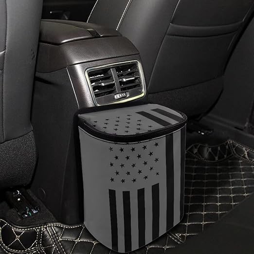 Vintage American Flag Black Grey Print Car Trash Can for Women Men Auto Interior Decor Portable Trash Bin with Lid and Zipper Collapsible Garbage Bag Hanging Multipurpose Car Seat Organizer