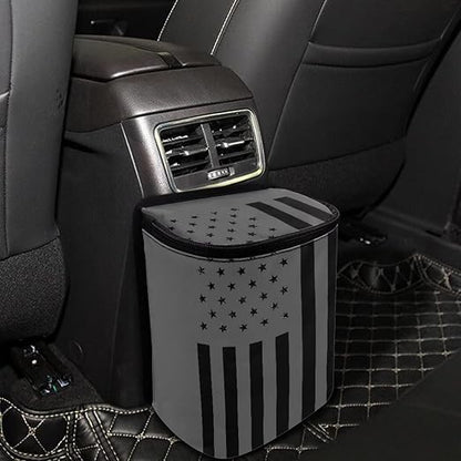 Vintage American Flag Black Grey Print Car Trash Can for Women Men Auto Interior Decor Portable Trash Bin with Lid and Zipper Collapsible Garbage Bag Hanging Multipurpose Car Seat Organizer