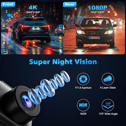 Dash Cam Front and Rear, 4K Dual Dash Cam with CPL Filter, Dash Camera for Cars-5GHz WiFi, 3" IPS Screen Dashcams for Cars with 64GB Card, App Control, Night Vision, Parking Monitor, Support 256GB Max