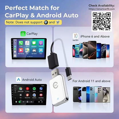 Wireless Carplay Adapter for iPhone, Convert Wired Car Play to Wireless, 2 in 1 Plug and Play Mini CarPlay and Android Auto Adapter for iOS 10 Android 11 and Above, Cars with Built-in Carplay (White)