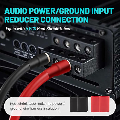 NuIth Amp Input Reducer 4 Gauge to 8 Gauge, 4PCS Car Audio Amplifier Wire Terminal Connectors Brass with Heat Shrink Tubing Allen Key for Amp Input, AWG Pin Power & Ground Connection