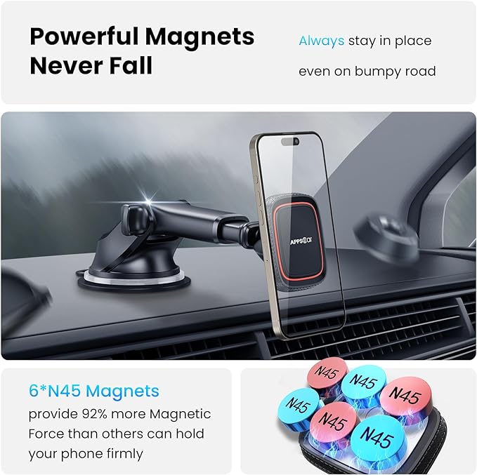 APPS2Car Magnetic Phone Mount for Car, Dashboard & Windshield Suction Cup Holder with Telescopic Arm, Requires Metal Plate for Proper Use, Fit for Android Smartphones(NOT for MagSafe)
