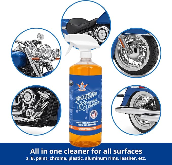 Shinykings California Wash&Shine 66 | WATERLESS Motorcycle Cleaner | Motorcycle and Car Wash&Wax | All Surfaces | Bike Polish | Chrome Cleaner | Multipurpose Detail Spray (32 fl.oz Orange)