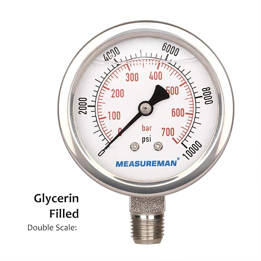 MEASUREMAN 2-1/2" dial,Glycerin Filled Hydraulics Pressure Gauge Stainless Steel case, 316 SS Wetted Part, 0-10000psi/bar1/4 NPT,Lower Mount