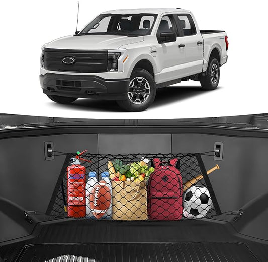 Canvcle Front Trunk Frunk Cargo Net for 2022-2025 2026 Ford F-150 Lightning Accessories Stand Envelope Style Mesh Trunk Net Organizer and Storage Stretchable Adjustable Elastic Nylon Cargo Netting