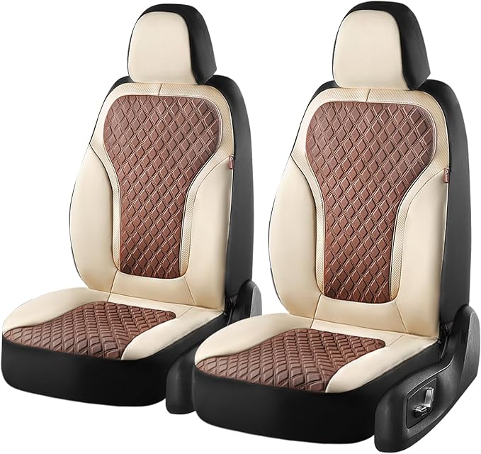 Coverado Front Seat Covers, Luxury Diamond Leather Car Seat Cover with Carbon Fiber Weave, Waterproof Car Seat Cover Driver Seat Cover Spill-Proof Design Universal Fit for Most Cars, Beige&Brown
