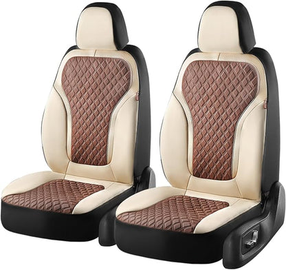 Coverado Front Seat Covers, Luxury Diamond Leather Car Seat Cover with Carbon Fiber Weave, Waterproof Car Seat Cover Driver Seat Cover Spill-Proof Design Universal Fit for Most Cars, Beige&Brown