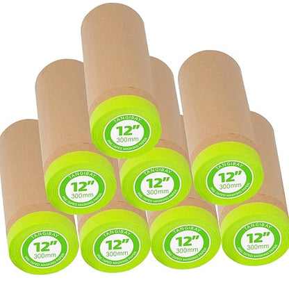 Tangibay Pre-Taped Masking Paper for Painting - 12 inch x 50 feet Tape and Drape Painters Paper, Paint Adhesive Protective Paper Roll for Covering Skirting, Frames, Cars and Auto Body (8 Rolls)