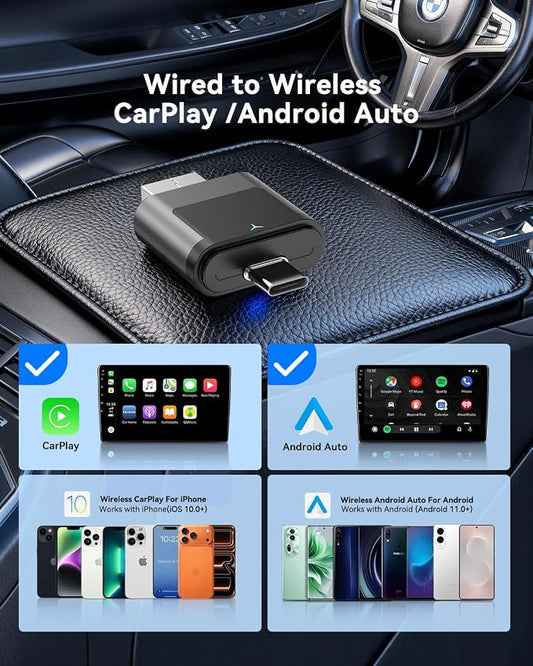 2-in-1 Wireless CarPlay Adapter USB C, Dual-Band WiFi (2.4/5GHz), BT 5.0, Wireless Android Auto Dongle, Native Dual Interface, Fast Connect for Factory Wired Cars