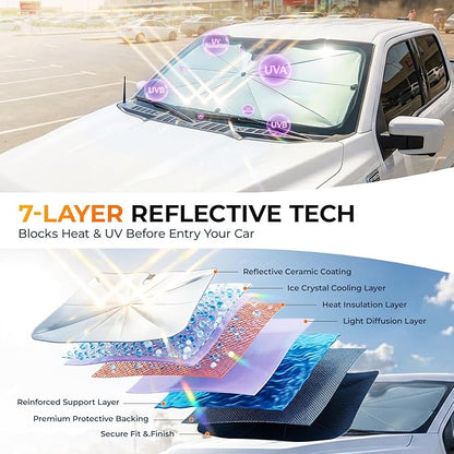 [2026 Upgraded] DooGooCoo Windshield Sun Shade Umbrella for Chevy Silverado [100% Sunlight Blocked, Cooling Ice Crystal] Sunshade for Car Windshield for Silverado Sun Shade 2019-2026.