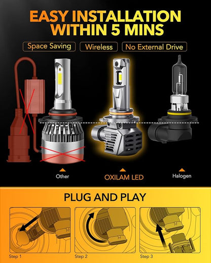 OXILAM 9006 HB4 Fog Light Bulbs, 30000LM Super Bright 800% Brightness, 9006 6500K Cool White Bulbs, Plug-and-Play, Canbus Ready, Pack of 2