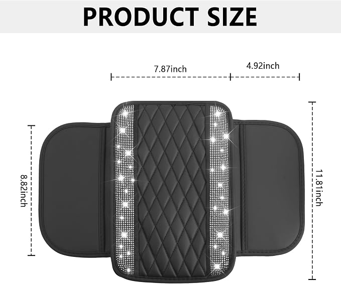 Stacool Upgraded Car Center Console Cover with Rhinestones,Microfiber Leather Car Armrest Cover Cushion with 2 Storage Bags,Universal Cars Armrest Storage Box as Cars Interior Accessories