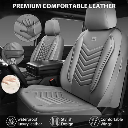 CAR PASS 3D Foam Faux Leather Car Seat Covers Full Set, Waterproof Grey Leather Seat Cover for Cars, Luxury Universal Fit for SUV Truck Sedan Automotive, Armrest Airbag Compatible Anti-Slip, All Gray