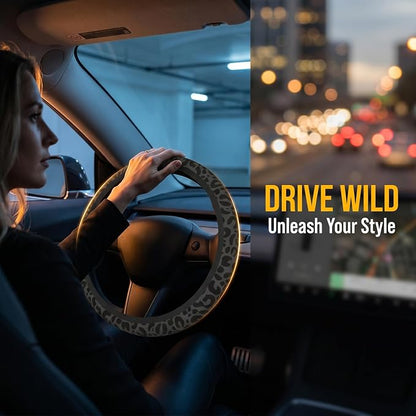 Black Leopard Print Steering Wheel Cover14-15In + 2 Pieces Car Coasters | Anti-Slip Breathable Cheetah Animal Print Car Wheel Cover Accessories for Women,Universal
