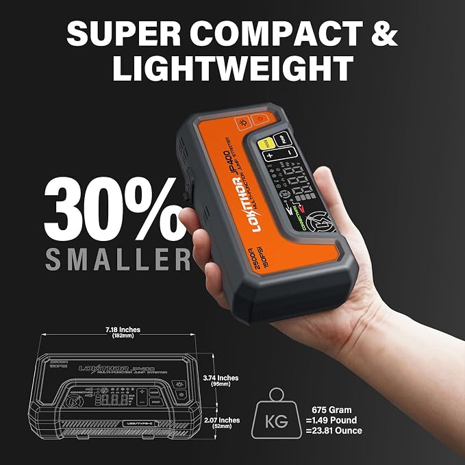 LOKITHOR JP400 Jump Starter with Air Compressor, 2500A 12V Portable Car Battery Booster Pack (8.5L Gas/6.5L Diesel) with ConnectMax Tech, 150PSI Tire Inflator, Auto-Shutoff & Dynamic Dwell (Orange)