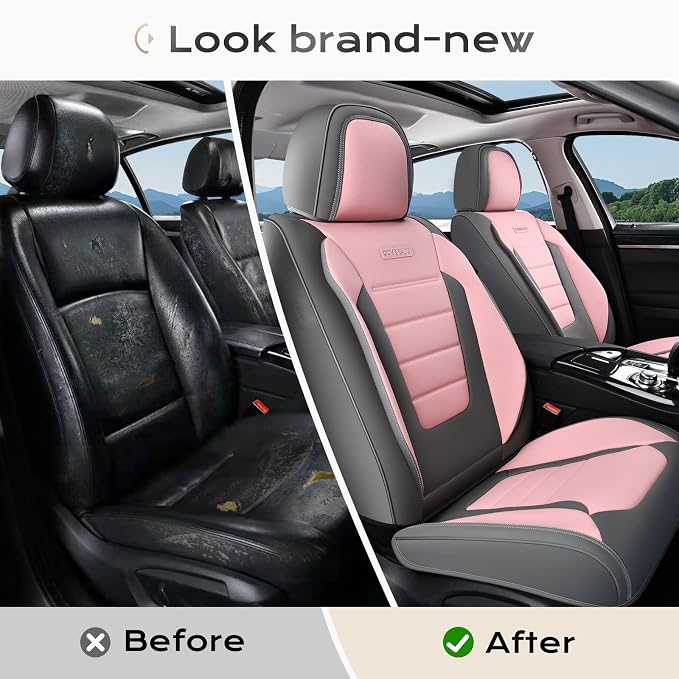 Coverado Car Seat Covers Front, Seat Covers for Cars, Waterproof 2-Pack Car Seat Cushions, Leather Carseat Seat Protectors, Universal Seat Covers Fit for Most Sedans SUV Pick-up Trucks(Gray&Pink)