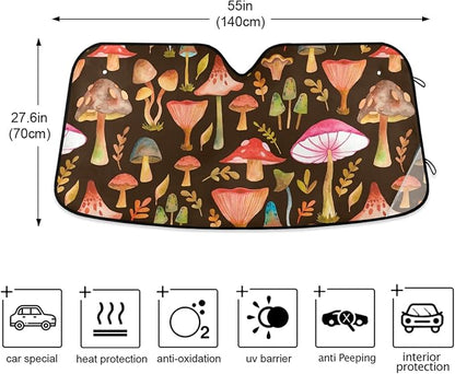 Watercolor Mushrooms Brown Car Windshield Sun Shade Foldable UV Ray Sun Visor Protector Sunshade to Keep Your Vehicle Cool (55" x 27.6")