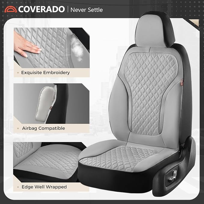 Coverado Car Seat Covers for Front Seats, Luxury Diamond Leather Car Seat Cover with Carbon Fiber Weave, Waterproof Automotive Seat Protectors 2-Pack, Driver Seat Covers Universal Fit Most Cars,Gray