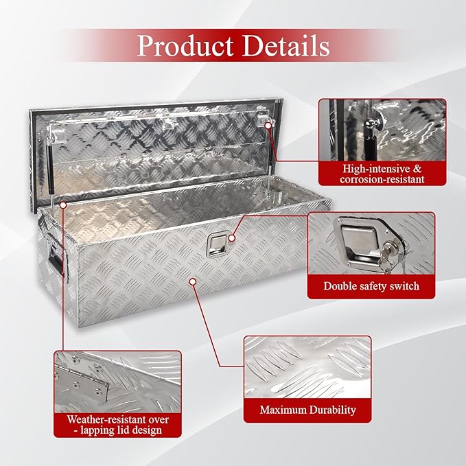 39''Inch Aluminum Truck Tool Box Truck Bed Toolbox Truck Trailer Chest Box Trailer Underbody Storage Organizer Waterproof Square Storage Organizer w/Lock & Keys Silver(‎39" Lx13 Wx10 H)