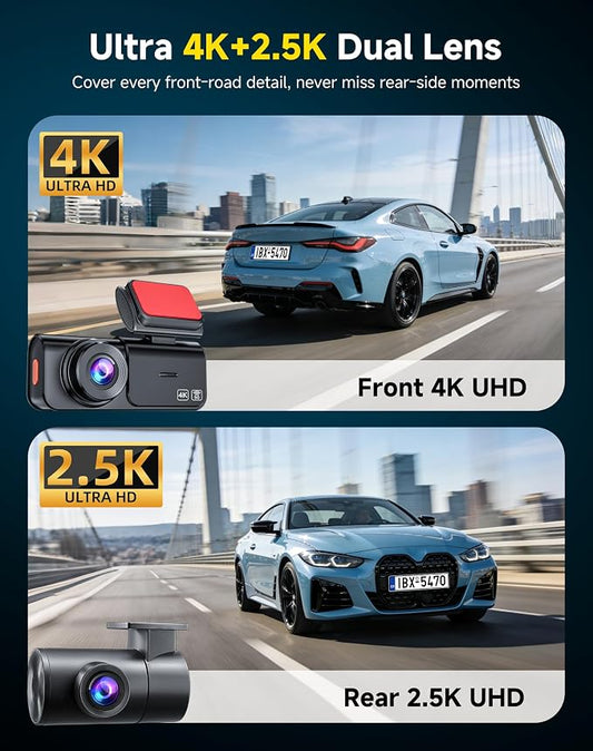 AXB Dash Cam Front and Rear: 4K+2.5K Dashcam with 5G WiFi APP Control & 64GB Card - Dual Dash Camera for Cars with 24H Parking Mode Night Vision Loop Recording Emergency Lock (V3)