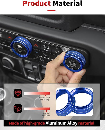 JWWY JL AC Air Vent Trim Rings & Dashboard Headlight Switch Decor Switch Knob Cover Kit Fit for 2018-2023 Jeep Wrangler JL JLU Interior Accessories, Aluminum Alloy 8PCS Blue