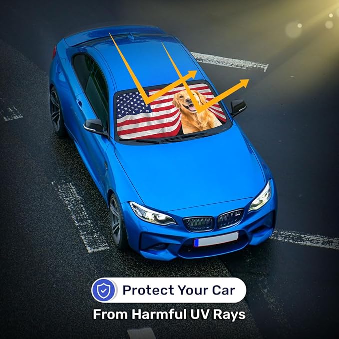GENANY Golden Flag Windshield Sun Shade for Sedan SUV Truck (64x32 Inches), Automobile Sunshade, Protector Blocks UV, Car Accessories, Car Decor