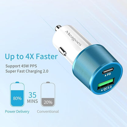 67.5W Blue Car Charger USB C Super Fast Charging, 45W USBC&QC3.0 Port Plug for iPhone 17 Pro Max/Air/16/15/iPad, Samsung S26 Android Cell Phone, Dual 12V Cigarette Lighter Adapter+ 3.3ft Type C Cable