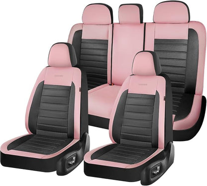 Coverado Car Seat Covers Full Set, Luxury Leather Car Seat Covers, Automotive Front and Rear Mesh Seat Covers, Full Set 5 Seats, Pink Black Seat Covers for SUV Sedan Truck