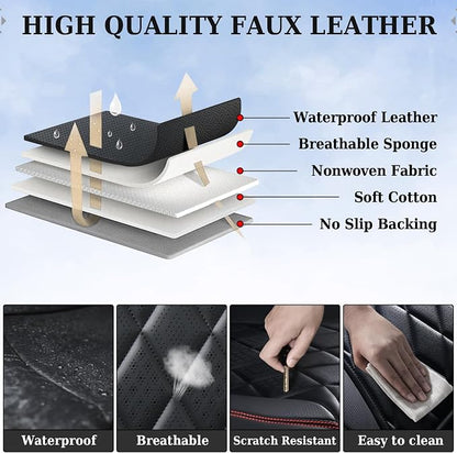 Coverado Car Seat Covers Full Set, Luxury Faux Leather Waterproof Seat Covers, Black Car Seat Covers, Universal Car Seat Protector Leather Car Seat Cushion, Carseat Cover Fit Most Cars, Black&Red