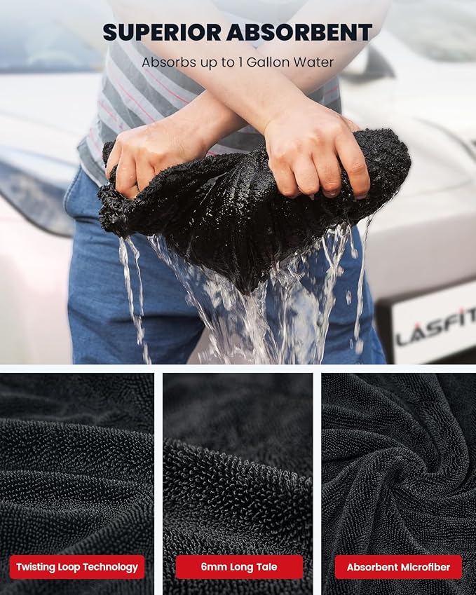 LASFIT Drying Towel, [2025 Upgraded] Large Super Absorbent Car Drying Towel for Car Detailing Streak Free, XL 1300 GSM Premium Ultra Soft Microfiber, Twisted-Loop Microfiber Towels for Cars