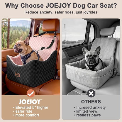 JOEJOY Elevated Dog Car Seat for Small/Medium Dogs up to 35 lbs, Memory Foam Booster Seat with Detachable Washable Cover, Travel-Safe Car Bed with Safety Belts & Storage Pockets, Pink