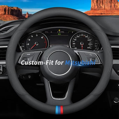 Deer Route Custom-Fit for Mitsubishi Steering Wheel Cover, Premium Leather Car Steering Wheel Cover with Logo, Non-Slip, Breathable, for Mitsubishi Accessories (D-Style,for Mitsubishi)