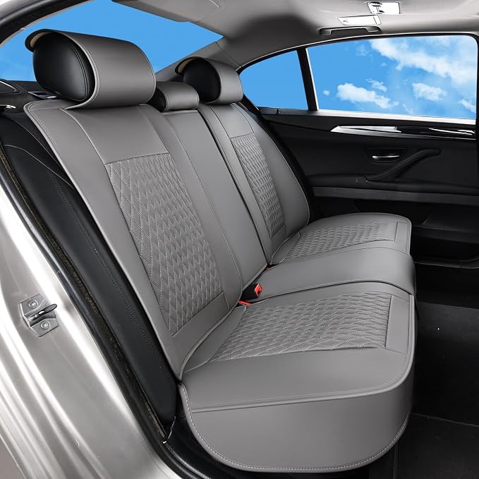 Huidasource Gray Back Seat Covers, Luxury Nappa Leather Rear Seat Cover with Velcro Adjustable, Child Seats, Ventilation Holes, Seat Belts, Back Seat Car Cover Fit for Most Cars SUV Trucks, Gray