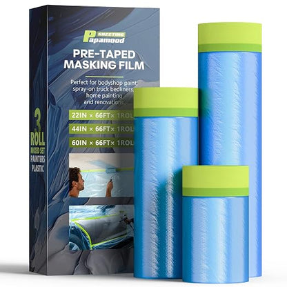 Pre-Taped Masking Film for Painting - 3 Rolls Mixed Size Painters Plastic Sheeting with Tape and Drape, Painters Drop Cloth for Automotive & Home, Cover for Walls/Floors/Windows/Cars Protection