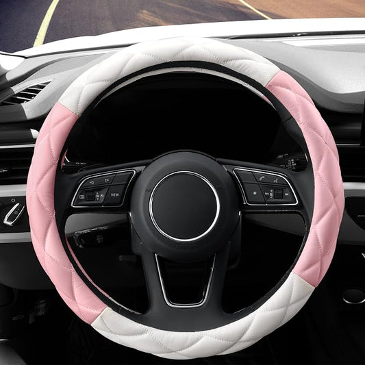 YHONGJT Cute Soft Microfiber Leather Anti-Slip Steering Wheel Cover, Universal 15 Inch for Women Girls, Fit Vehicles, Sedans, SUVs, Vans, Trucks - Light Pink and White