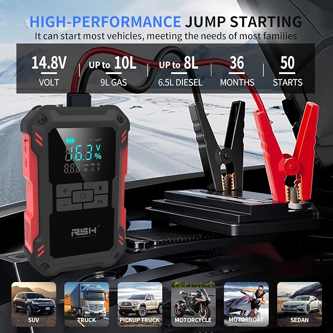 Car Jump Starter with Air Compressor 4000A Peak Battery Jump Starter 14.8V,150PSI Inflator Auto Booster 15000MA Jump Box (up to 10L Gas,8L Diesel Engine),LED Light with Quick Charger USB & Type C