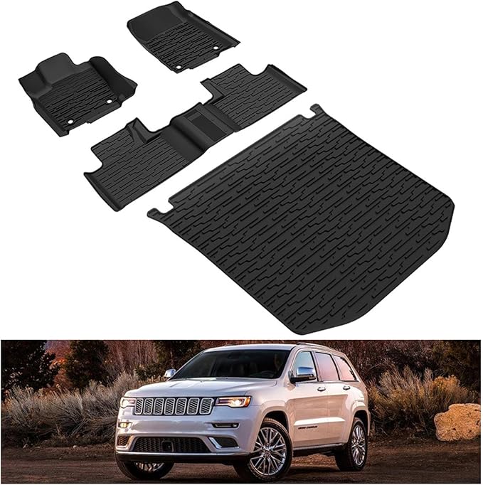 KIWI MASTER Floor Mats & Cargo Mat for 2016-2021 Jeep Grand Cherokee, OEM Replacement 82215577 82212085, All Weather Car Mats, Heavy Duty TPE Floor Liners, Front & Rear & Tray Trunk Mat Set, Black