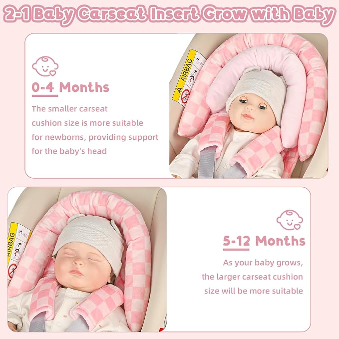 Infant Car Seat Insert with 2 Strap Pads, Carseat Cushion Baby Boy & Girl, Soft and Comfortable Carseat Head Support for Newborn, Pink Checkered