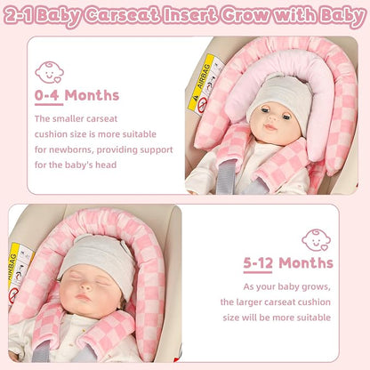 Infant Car Seat Insert with 2 Strap Pads, Carseat Cushion Baby Boy & Girl, Soft and Comfortable Carseat Head Support for Newborn, Pink Checkered
