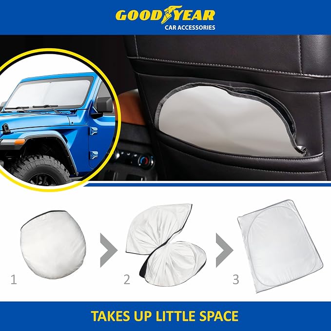 Goodyear Foldable Windshield Sunshade for Jeep Wrangler 2018-2026, SUV car Accessories, Sunshade Cover, Sun Shade Car Windshield, Window Sun Blocker - GY008210