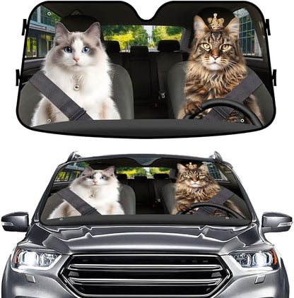 GENANY Couple Cat Windshield Cover for Car SUV Truck (55x30 Inches), Foldable Heat Shield, Shades for Front Windows, Protector Blocks UV, Car Decor