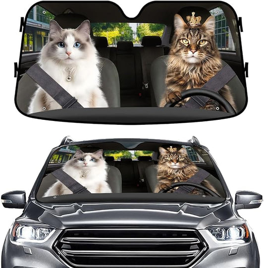 GENANY Couple Cat Windshield Cover for Car SUV Truck (55x30 Inches), Foldable Heat Shield, Shades for Front Windows, Protector Blocks UV, Car Decor