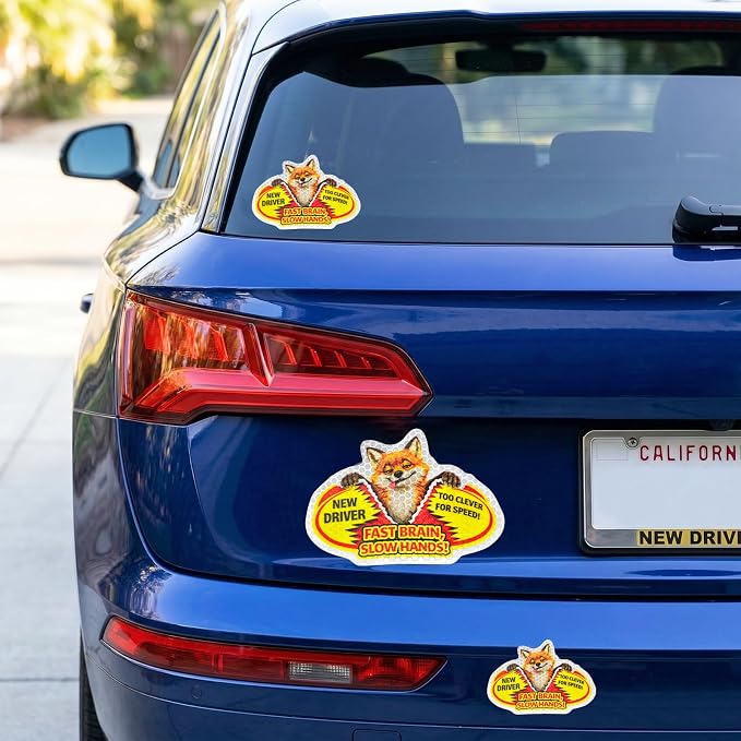 3 Pcs Reflective Student Driver Magnet and Stickers Set - Funny Animal New Driver Safety Signs for Car, Waterproof & Weatherproof High Visibility Vehicle Bumper Decals, Magnet + Stickers (Fox)