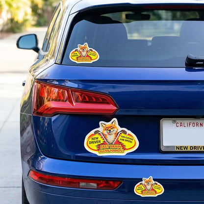 3 Pcs Reflective Student Driver Magnet and Stickers Set - Funny Animal New Driver Safety Signs for Car, Waterproof & Weatherproof High Visibility Vehicle Bumper Decals, Magnet + Stickers (Fox)