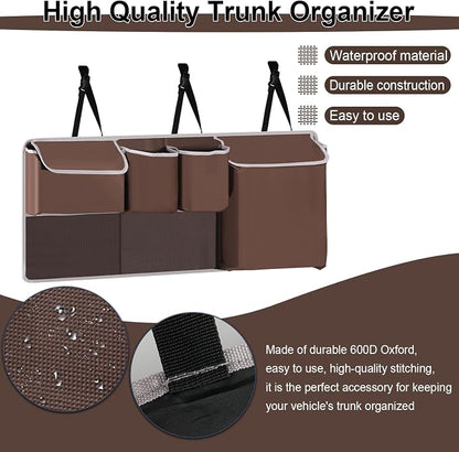 UYYE Trunk Hanging Organizer, Backseat Storage Bag, Collapsible Car Interior Accessories with 4 Pockets & 2 Mesh Pouches for Tools, Provide More Storage Trunk Space for SUV, Jeep, MPVs (Brown)