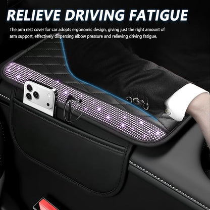 Stacool Upgraded Car Center Console Cover with Rhinestones,Microfiber Leather Car Armrest Cover Cushion with 2 Storage Bags,Universal Cars Armrest Storage Box as Cars Interior Accessories