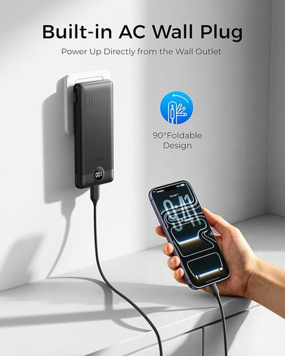 VEGER Portable Charger Power Bank with Built-in AC Plug and Cables, All in One 10000mAh Ultra Slim Travel Essentials, Fast Charging Battery Pack Compatible with iPhone, Samsung, Android, Black