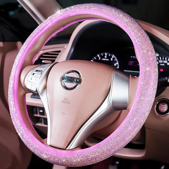Car Fuzzy Bling Steering Wheel Cover for Women Purple, 15 Inch Universal with Colorful Diamonds Rhinestone Cute Accessories Crystal Anti-Slip Wheel Protectorer